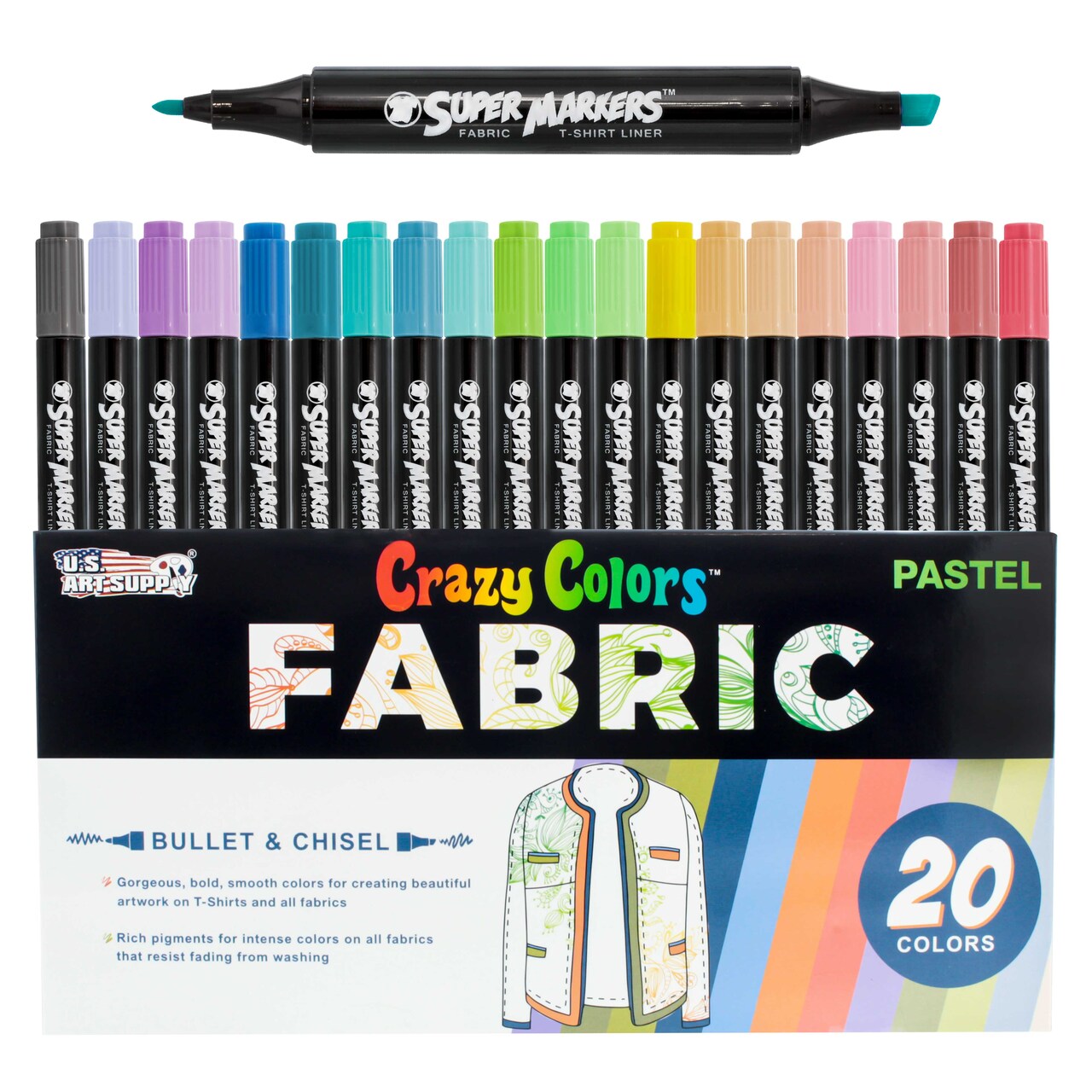 U.S. Art Supply Super Markers 20 Pastel Dual Tip Fabric Markers - Fine & Chisel Point Pens Fabric Marker Permanent for Clothes, T-Shirts - Permanent Ink Eye-Catching Pastel Colors